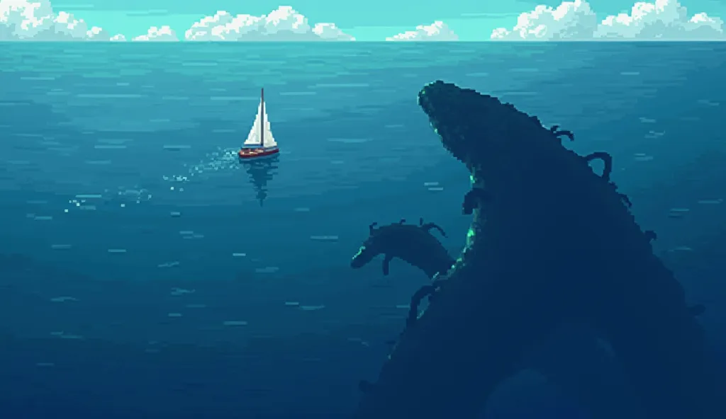 An aerial view of the ocean in pixel art. A small sailboat sails alone on calm waters, its tiny figure contrasting with the immensity of blue. In the depths , style barely revealed by the light that penetrates the surface, the colossal silhouette of a sea ...