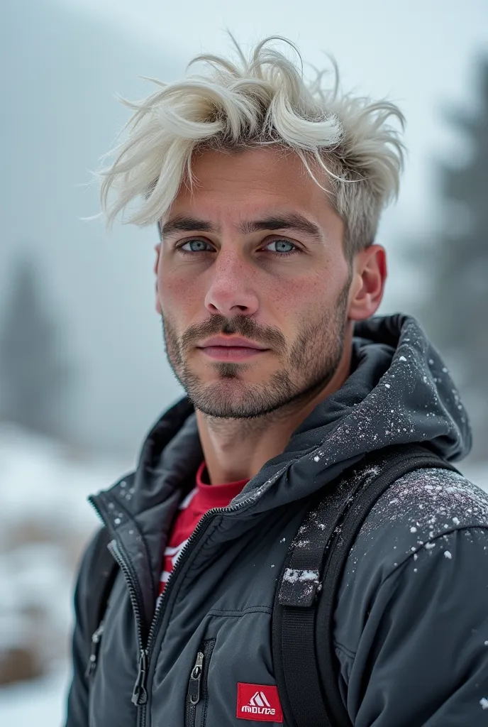 Un portrait avec une gars athlétique, qui pratique de l'athlétisme qui fait attention a son corp , cheveux boucle avec des mèches colorer en blanc,le gars doit être a la montagne , il doit être plutot bien habiller , met des choses qui me représentent comm...