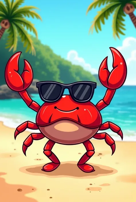 Crabe rouge qui danse sur un plage, mode cartoon, lunette de soleil noir rayban, arrière plan jungle et palmier.
Pinces en l’air 
Mode cartoon, vectoriel vectorisé simple 