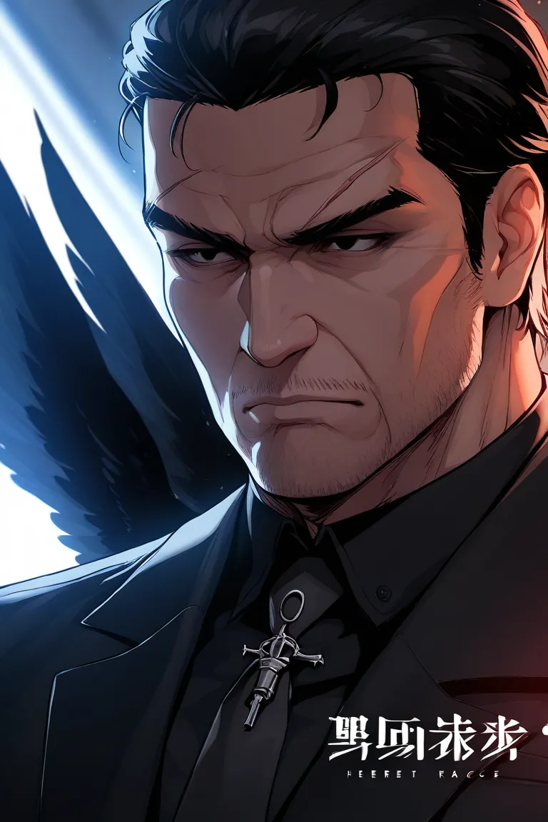 A man with an angel race, Black wings, black eyes with scars on the right eye,  black suit, black hair, in a suit, in a universe  