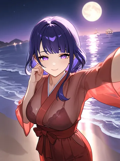 1 girl, Translucent fabric, , beach, summer, smile on face, Selfies, wife , Wedding,   smile on her face, 1 girl , purple eyes, kimono miko, red kimono, wedding kimono, night, moon🌙, genshin impact, Raiden Shogun