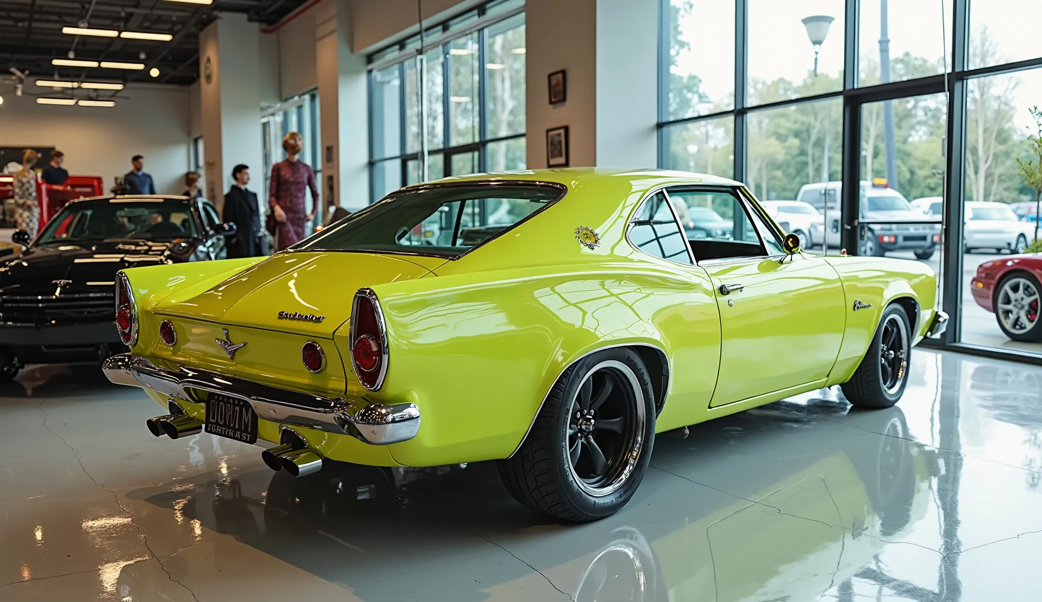 "A detailed left front-side view of a vintage American muscle car, resembling a late 1960s Studebaker Champ, in shiny Lime Twist color. The car has wide rear tires, dual exhausts, and classic rectangular taillights. The front shows a bold grille design, wi...