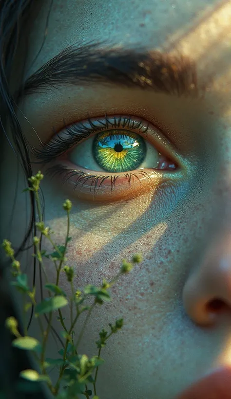 A close-up of human eyes, with a vibrant and life-filled landscape in each pupil, representing the ability to see God's actions.