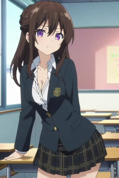 ASCII, source_anime, BREAK, 1girl, solo, 
yukisuou, yukisuou, long hair, bangs, brown hair, black hair, hair between the eyes, Help Updo, purple eyes, Seductive Smile, school uniform, Black Blazer,Medium Breasts,Cleavage,Open Collar,Younger,Black Skirt, pl...