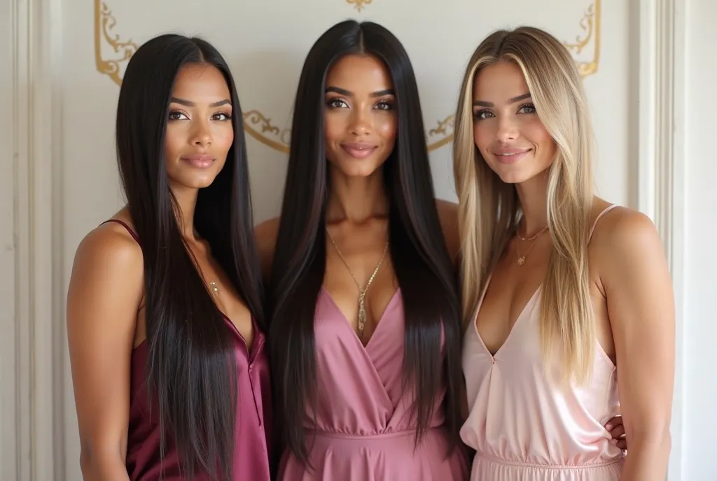 3 beautiful women with straight hair and features Latinas are next to each other with beautiful hair, shiny and nourishing , all 3 look totally different and the image must be super realistic and natural. The first woman has light brown skin and long and v...