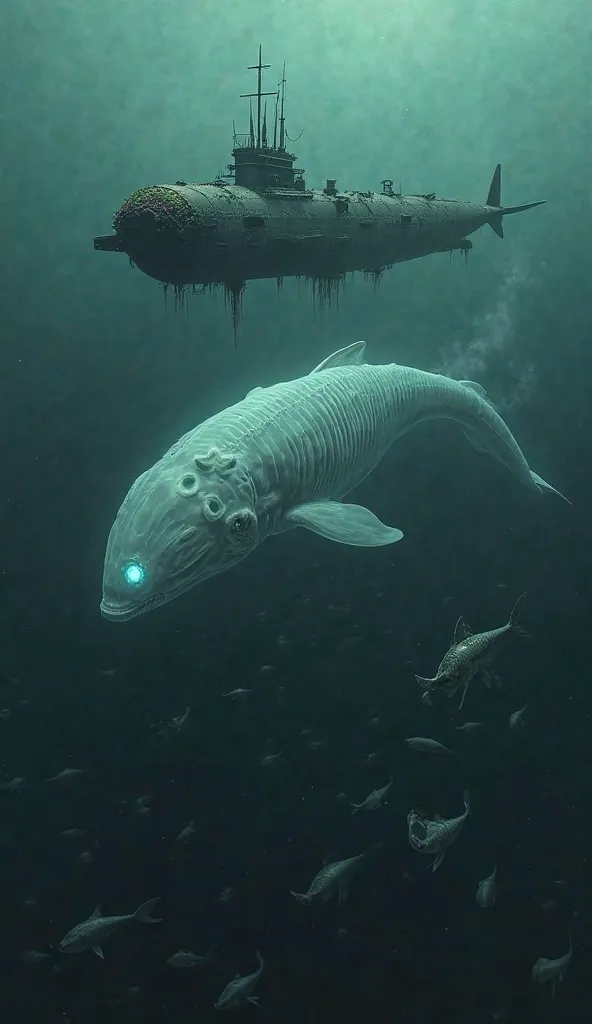 A spectral, translucent whale with hollow eyes and a glowing ribcage floats silently through the dark depths of the ocean. Strange, otherworldly fish scatter in its wake, while an old submarine, covered in deep-sea algae, looms in the background. 🌊🐋👻