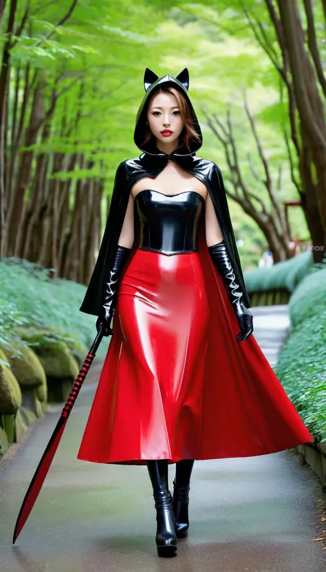 japan women hood up latex coat with long sleeve cape and latex long wide Skater skirt very higth latex heel and latex gloves with equipped hidden blade in medieval japan Arashiyama in summer, and walk ,4K sophisticated and highly detailed, ultra hd, realis...