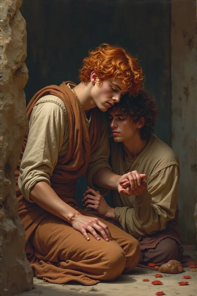 Creates an image of David sitting praying with Jonatas, David is a red-haired young man 