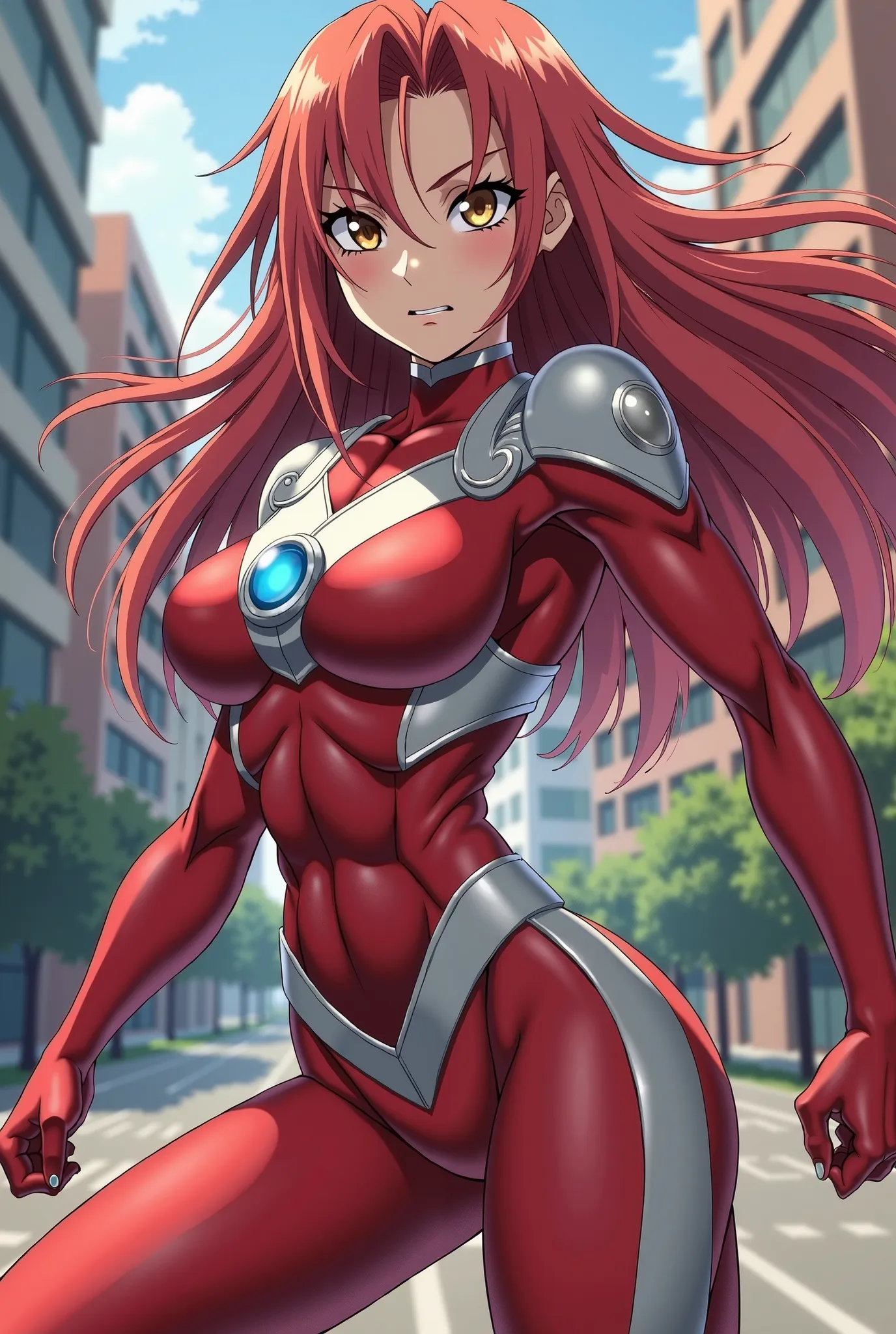 My Hero Academia Style , Anime girl, female, young female,muscular female,Full Body Shot,(fighting Pose:2),Long hair, Red Hair,  Brown Eyes,Hero Suit, Full Body Suit, red suit with white details,small round blue jewel in the center of the chest, perfect an...