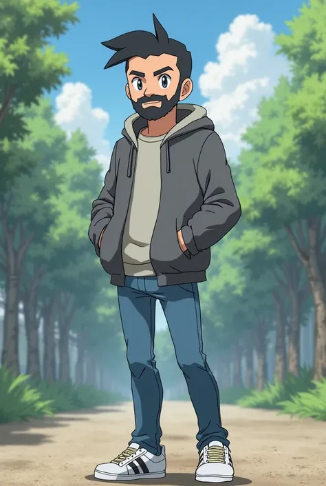 Make a man who is on average 20 years old in the style of the Pokémon anime art for me. He wears a black beard and his hair is black . He also has a mustache attached to his beard. His hair is short and close and he wears a tuft.your skin is white. blue je...