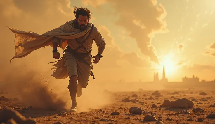 The Lord's rush to help

“A man running through a barren desert, with enemies in his pursuit. On the horizon, a radiant city appears, representing God's protection.  The wind raises dust around him , but he keeps his eyes fixed on the light of the city, sh...