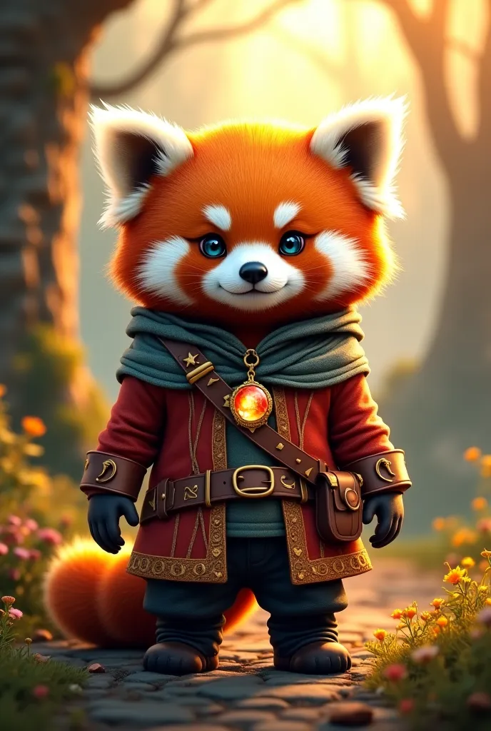 "A chubby red panda with majestic golden hair, dressed as an adventurous quest-seeker. The red panda wears a stylish fantasy-themed cloak with intricate gold embroidery, a small satchel, and a tiny gemstone pendant glowing faintly. Its eyes are filled with...