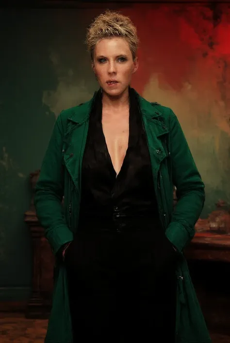 A high-contrast, eerie, and moody fashion image.  The model is a Slavic tomboy female with fair skin, sassy atitude, a strong jawline, shaved sides bleached hair curly pixie hairstyle.  Attire includes an open long emerald green woolen gucci trench coat, b...