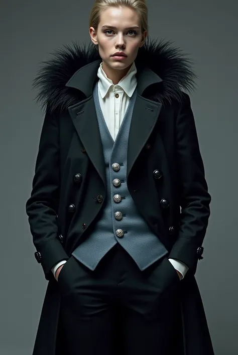 The outfit is a combination of suit elements with fantasy elements, presenting an elegantly mysterious look,. You will wear a classic black suit with details in light blue and silver, including a vest with silver buttons and a white scarf. On top of the su...