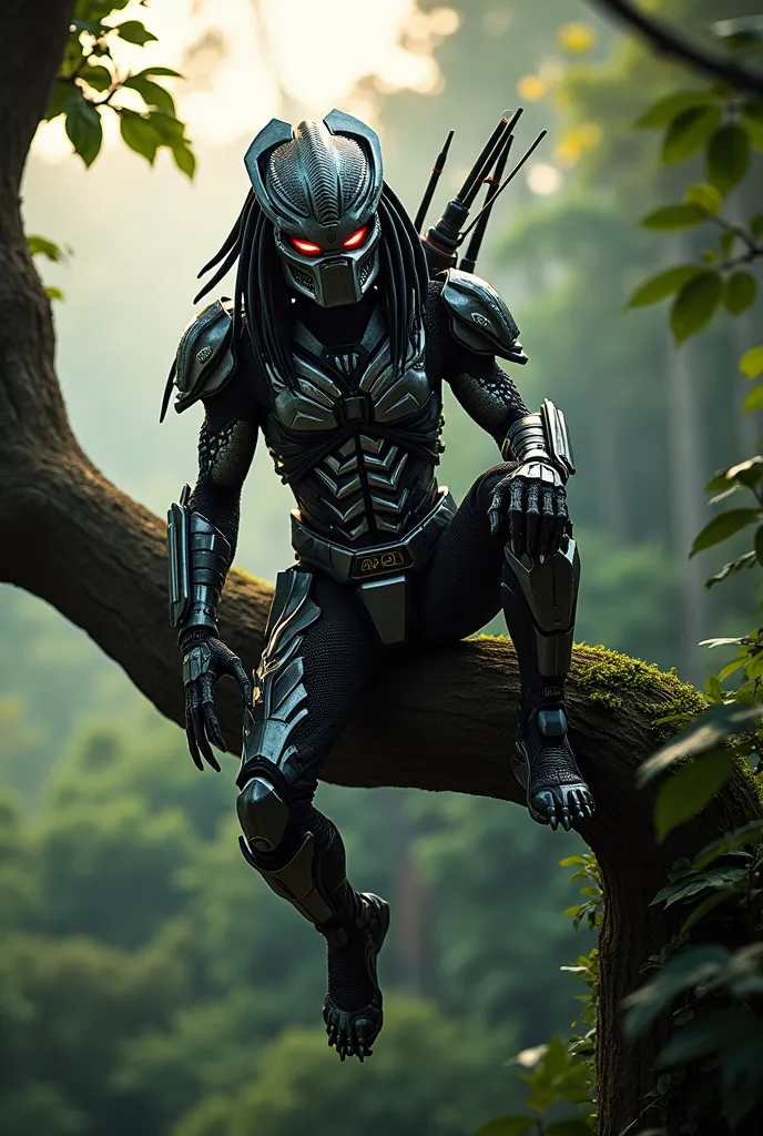 View from afar , full-length image , From the movie Predator  , Predator in a black and white cyber suit , on his head, a long embossed cyber mask with sharp peaks with red neon eyes ,  fully equipped  , sits on a tree branch in the jungle high, view from ...