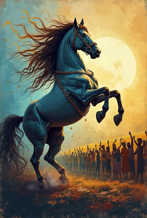 "A powerful and artistic digital illustration for a mural inspired by ‘Equality and Freedom’ in Jerez de la Frontera. The focal point is a majestic Andalusian horse in the foreground, rearing up as it breaks heavy chains with its strength, symbolizing libe...