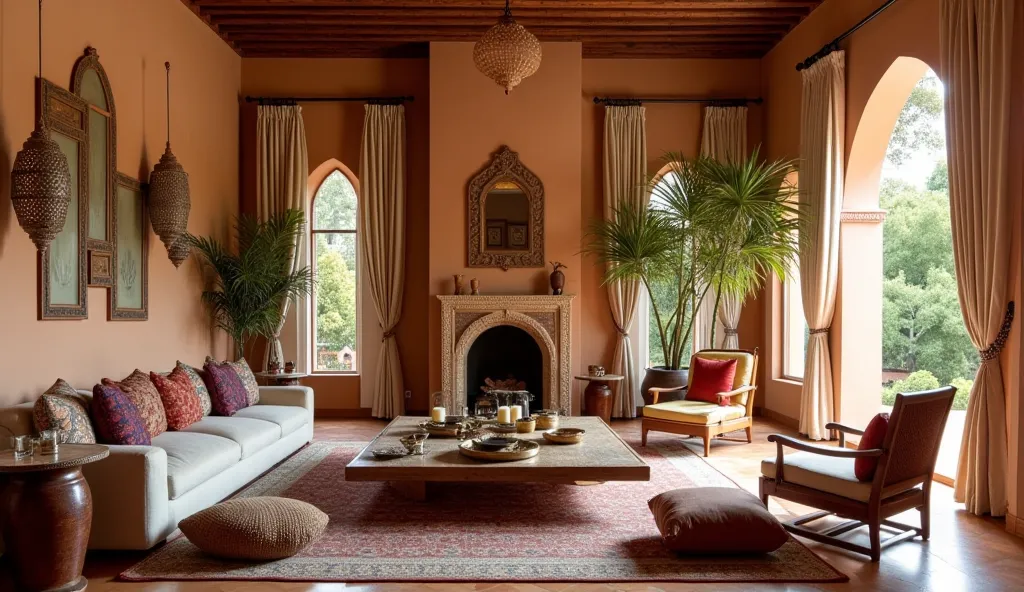 The living room of this Marrakesh home is a blend of tradition and elegance, featuring warm earthy tones, intricate patterns, and handcrafted details. The walls are finished in smooth tadelakt plaster in soft terracotta or sand, while an accent wall showca...