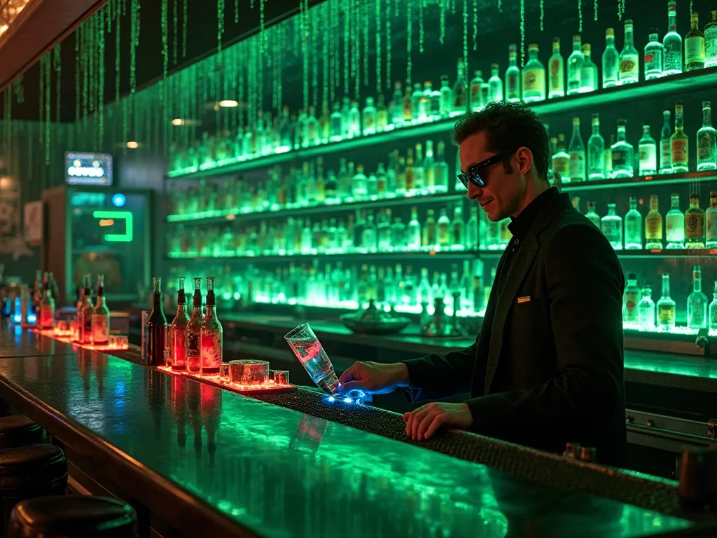 High-tech cyberpunk bar in restaurant inspired by The Matrix. The bar counter is sleek and glossy black with neon green lighting underneath. Digital rain code flows on the walls behind the bar. Bottles of futuristic drinks glow in red and blue, matching th...