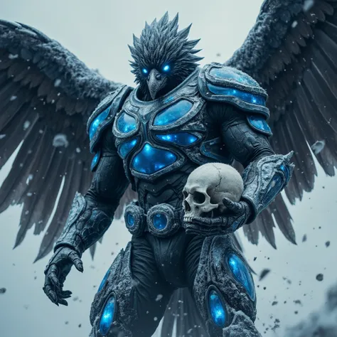 Dynamic masterpiece composition of a muscular, intimidating crow donned in modern combat armor, glass panels show his glowing icy blue insides. He stands in an aggressive, dynamic pose while he dynamically crumbles a skull to dust in his hand. The feathers...