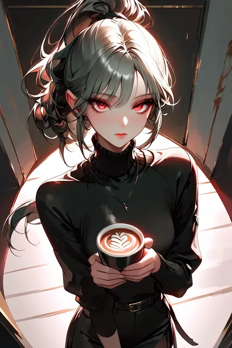 Gray Hair、ponytail hairstyle、 red eyes、beautiful eyes、chest、1 girl、Mocha colored sweater and miniskirt