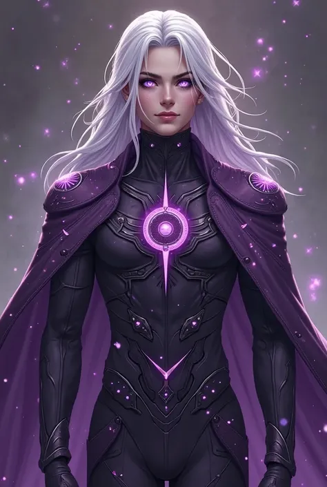 A man, IT IS A MAN, God of theft, but also stars. Dark purple costume with light purple features. Has some sun, stars and moon symbols on it. White hair with a tad bit of purple, purple eyes, beautiful face.