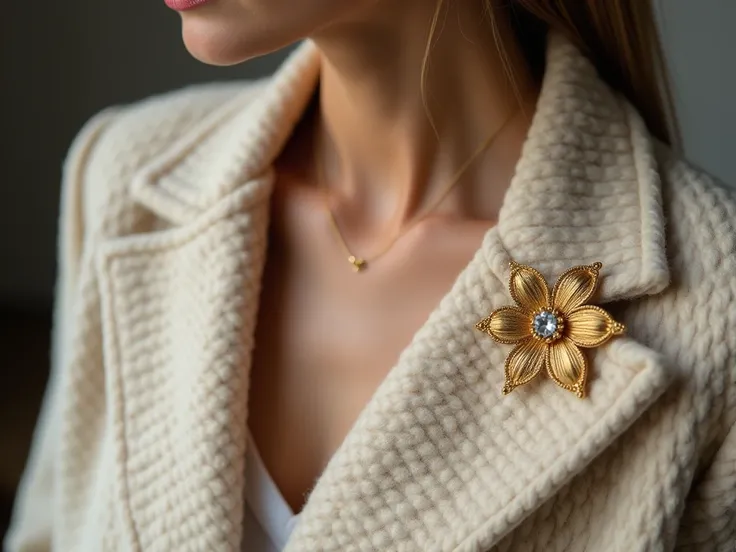   Nice stylish one adorable brooch design crochet with wool luxury small cute new star design on wool simple one adorable brooch and separate different design gold color full view pic full room view zoom out on youngster lady on coat left side under neck s...