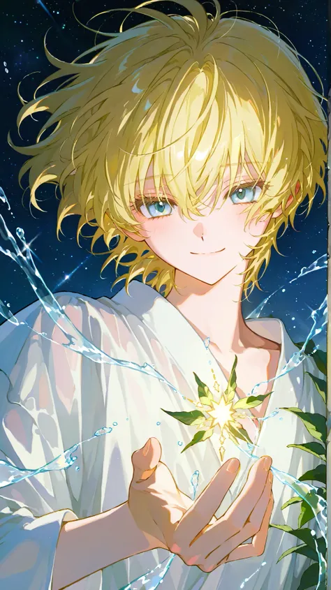 alone， beautiful young man , short hair, exquisite anime style illustration. Blonde Hair,  soft style ,  Red Cheeks , with a dreamy, Capture a moment of quiet contemplation from the flower leaves， Soft Light ，messy hair，Water Magic，Stars Shine ， shy smile ...