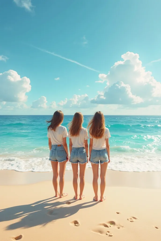 On a sandy beach by the sea, in a beautiful, open area, three girls are standing. They are aged between 25 and 30. The scene is vibrant with HD quality and stunning colors.
