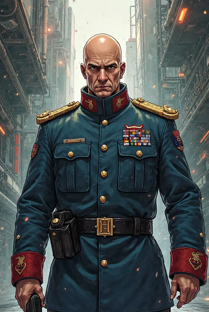 Bald man, russian army, anime style