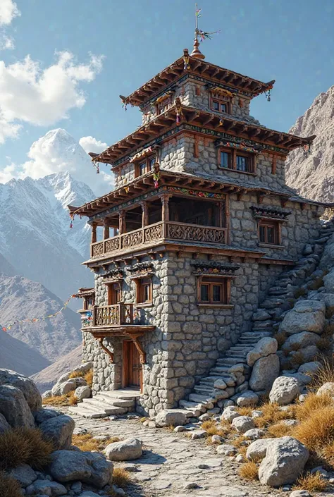 Ultra realistic, photorealistic of ladakhi traditional home with three floor 