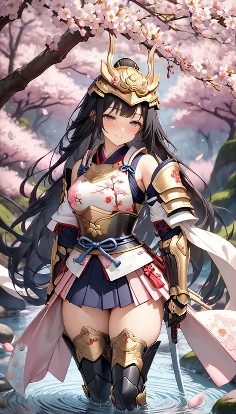 ((black hair short、bangs))（Height: 160cm、sexy body）((A breathtaking fusion of traditional Japanese samurai armor and a delicate springtime aesthetic, designed for a beautiful and fierce female warrior. The armor is intricately crafted, inspired by the eleg...