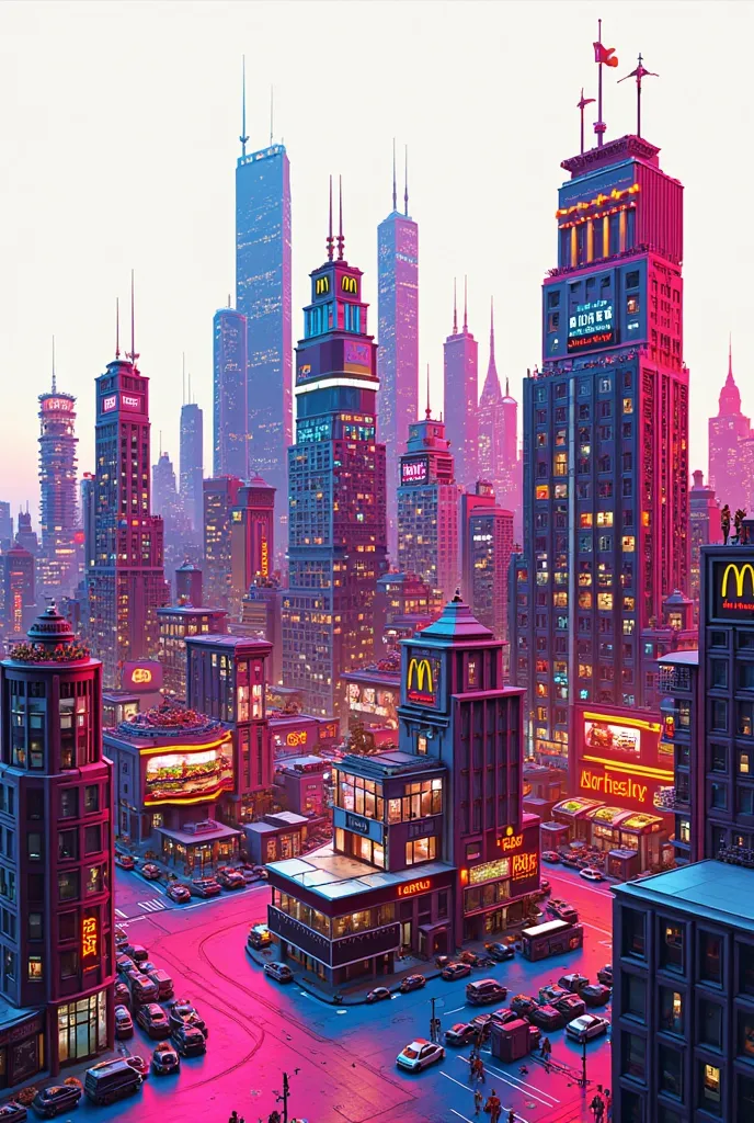 "A city skyline made entirely of neon-colored fast food items, inspired by Andy Warhol's bold repetition style." White background. 