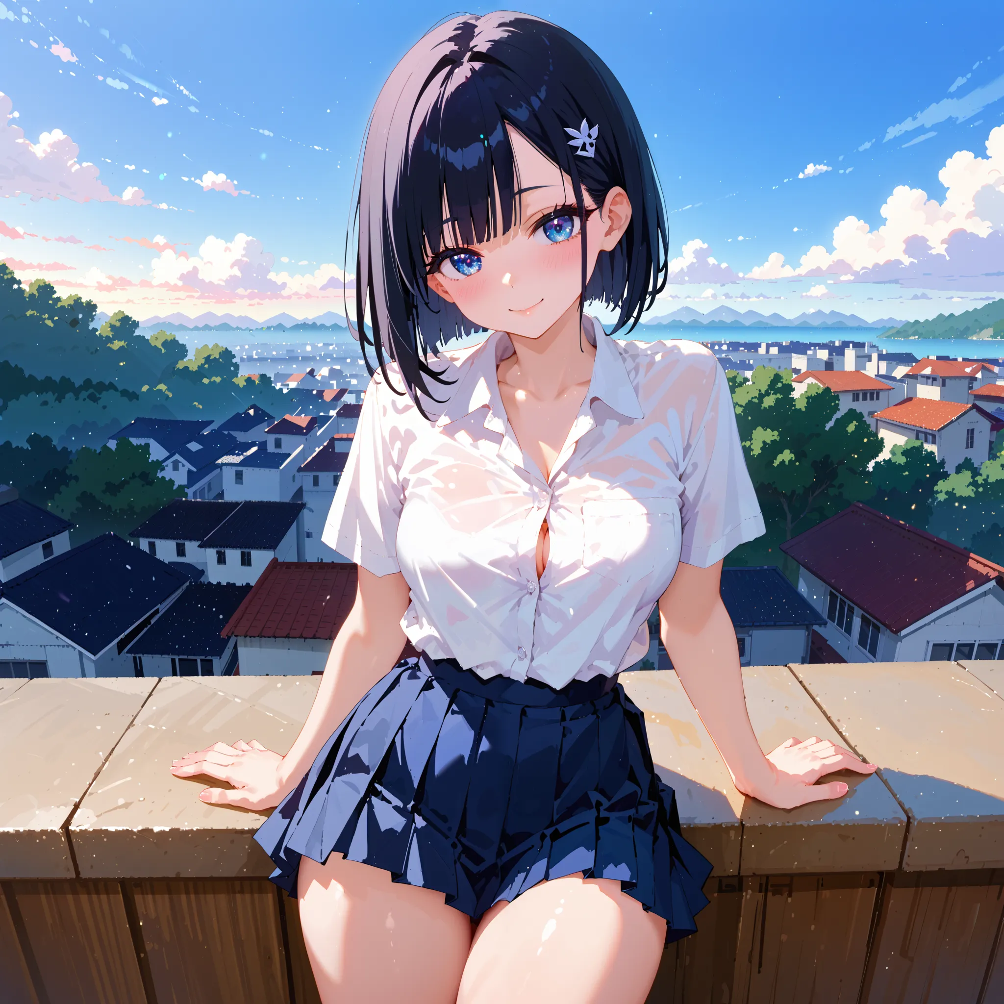 (highest quality), (masterpiece), (white student shirt), jetblack hair color, bob cut hairstyle,blue eyes,,cute girl the secondary school anime style,pleated mini skirt,A shy smile on your face,Cute thighs,
Cute eyes, (Fine grain)、Ultra-detailed eyes、Highl...