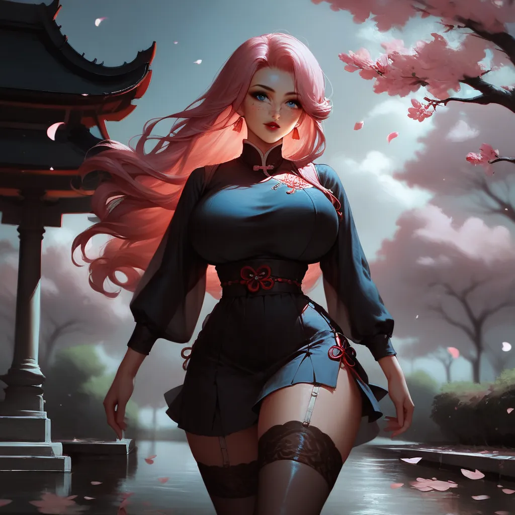 pseudo posing, reverse, reflection, retro perspective, old blue color scheme, standing, park, temple, sakura petals, sakura blossoms, black kimono, traditional patterns on clothes, stockings, sharp cinematic focus, gentle seductive look, freckles, blue eye...