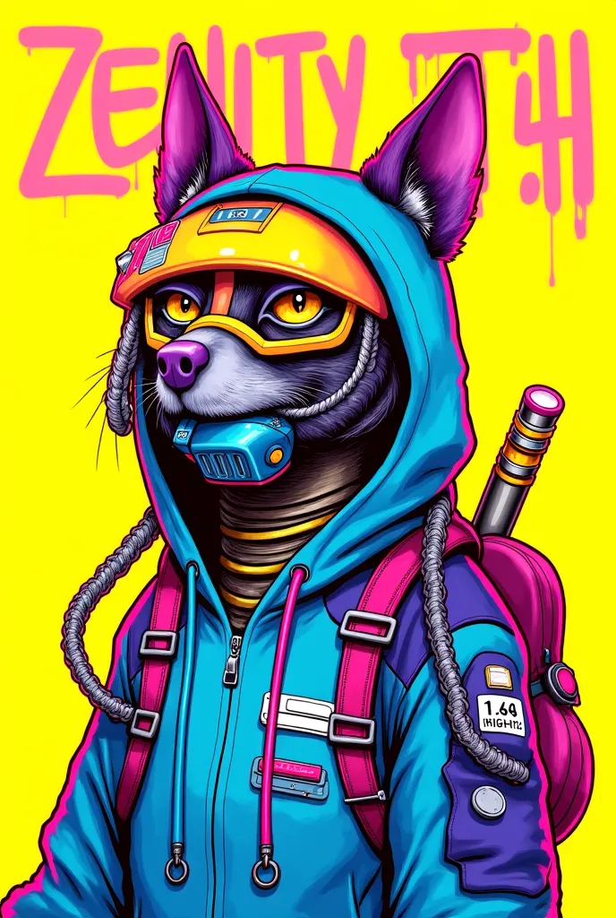 vibrant, cyberpunk-style illustration of an anthropomorphic dog or feline character with a futuristic, robotic design. The character is wearing a neon-colored hoodie with intricate details, including a mix of fabric and cybernetic enhancements. The face is...