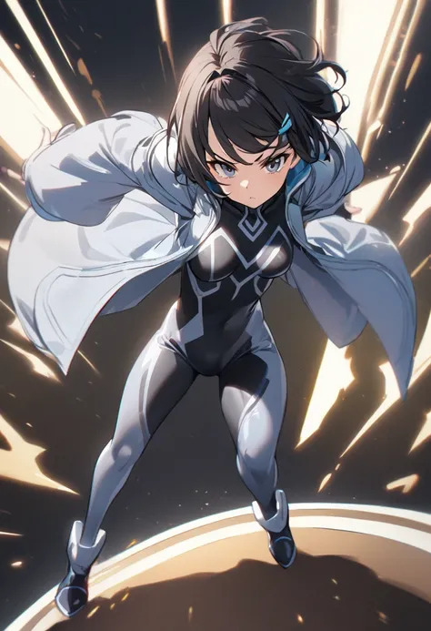  1 girl, white and black full body bodysuit, big jacket, standing, Complicated clothes,, A familiar face, black short hair、Light blue hairpin、 Fighting Poses 