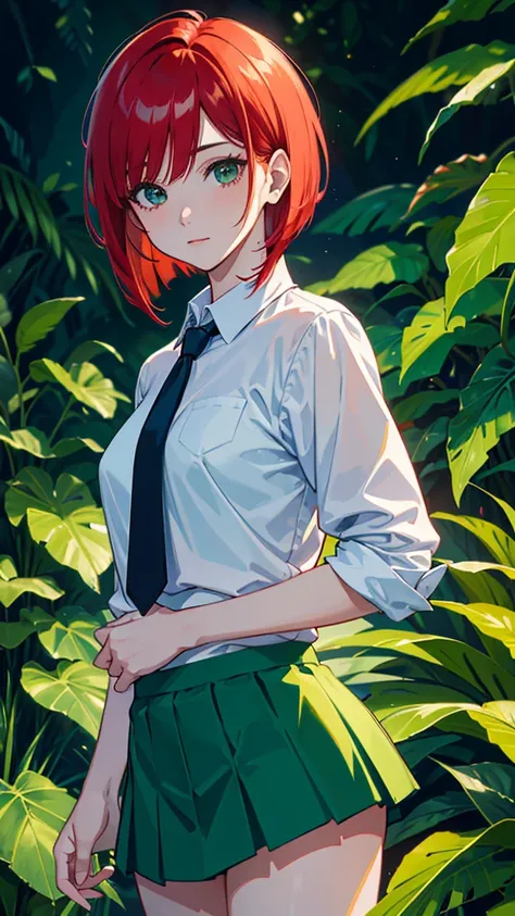 anime, Beautiful girl with a bright red short bob with a hairstyle slightly mixed with bright peppermint green colors、Bright background with a deep blue sky, bright peppermint green shirt with red and black tie、 off-white sweater 、Bright Pepper Mint Green ...