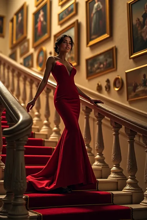 An elegant woman descending the stairs in a mansion with pictures scattered with two hands on the railing looking forward seriously