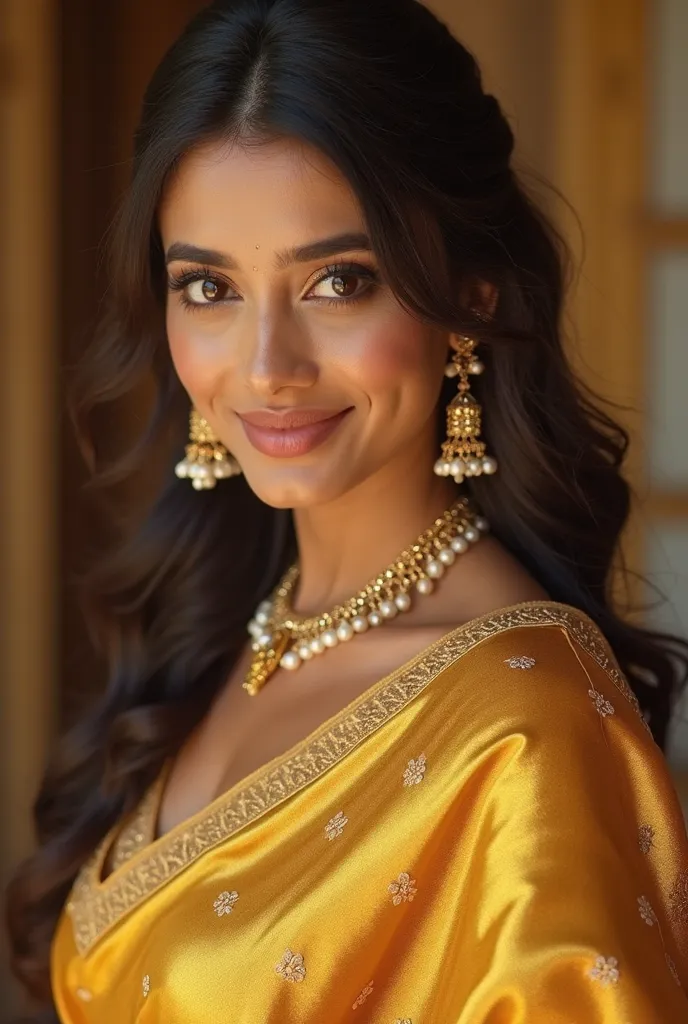 anusha in a gold sari and gold blouse, very attractive and beautiful, stylish pose, with a seductive smile, seductive smile, traditional beauty, cute seductive smile, stunning beautiful, draped in silky gold, very seductive pose, with an elegant smile, gor...