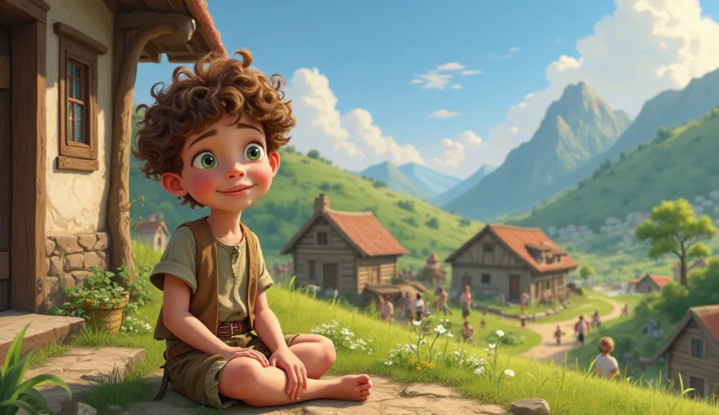 "A young boy named Arlo, around , with curly brown hair and bright green eyes, wearing simple village clothes, sitting outside a cozy cottage with his kind, elderly grandmother. The village is small and peaceful, surrounded by green hills, with villagers w...