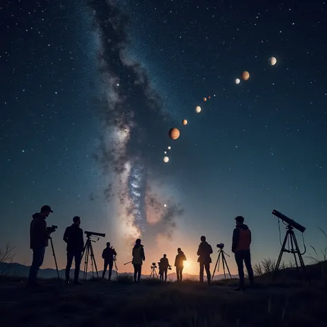 "A highly realistic and breathtaking news-style image of a rare planetary alignment featuring seven planets—Mercury, Venus, Mars, Jupiter, Saturn, Uranus, and Neptune—lined up in the night sky. The scene is set in a remote location with minimal light pollu...