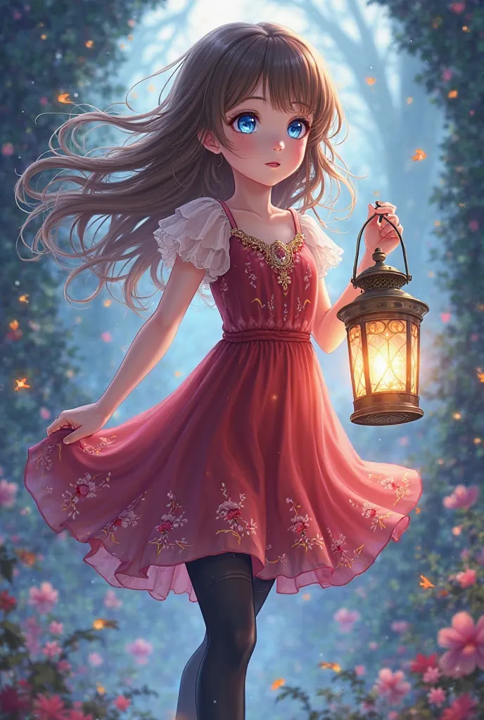 A girl with brown hair and blue eyes wears black legs and wears a red anime dress and carries a lantern