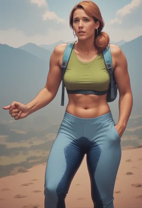 arafed Young woman in a green top and blue pants with a backpack, hiking clothes, wearing tight shirt, wearing crop top, tight shirt, outdoors, wearing tight simple clothes, wearing a sexy cropped top, crop top, wearing adventuring gear, wearing a cropped ...