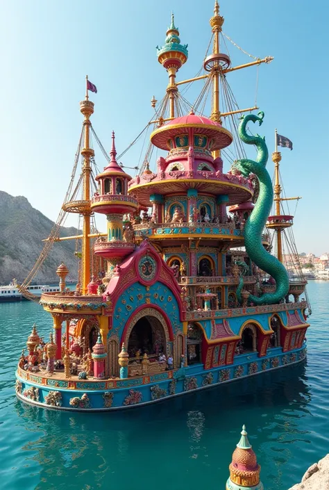 Make a large carnival carriage that looks complete with wheels in a carnival troupe themed around sea creatures where you can see the Kraken, mermaids and and the Leviathan and that it is realistic that it looks complete from afar and that the creatures ar...