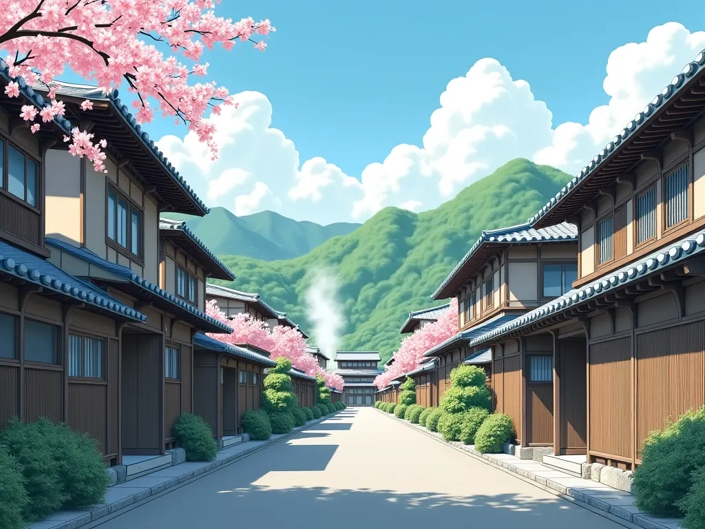  Street Scene , Japanese Street,  Japanese cities , Japanese painting style, Luxury hot spring,  Landscape,Sky on the left,building on the right 