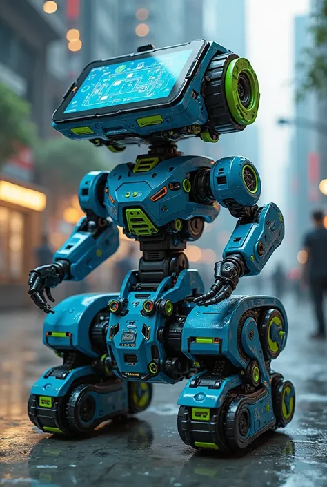 A robot filled with wheels and a tablet screen , blue with green colors 