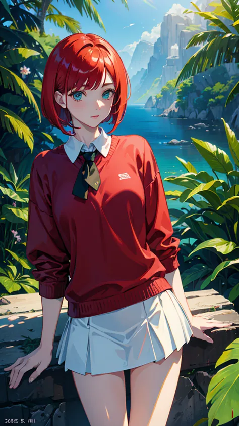 anime, Beautiful girl with a bright red short bob with a hairstyle slightly mixed with bright peppermint green colors、Bright background with a deep blue sky, bright peppermint green shirt、red and black tie、 off-white sweater 、Bright Pepper Mint Green Mini ...