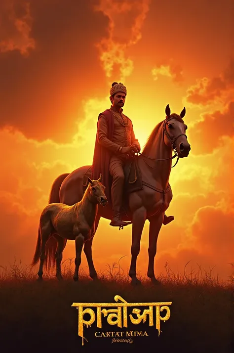 A beautifully designed Indian-style cinematic image featuring a glowing silhouette of Maharana Pratap standing beside a golden statue of Chetak, honoring his sacrifice. The background has an orange and red sky, symbolizing bravery and remembrance. The text...