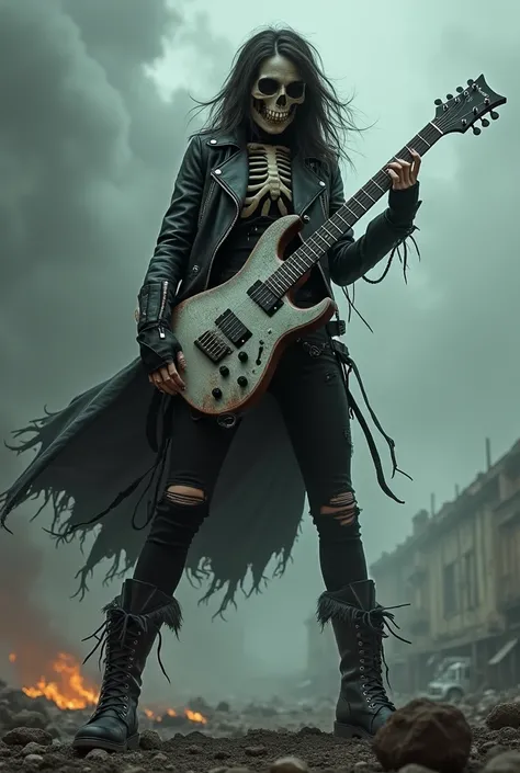 Image of a skull-woman dressed in black rocker with an electric guitar playing against a stormy and apocalyptic background