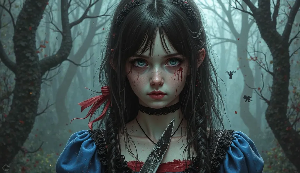 A realistic portrait of Alice from American McGee's Alice.  A girl with pale skin , , bright blue eyes and disheveled dark brown hair. Gothic style in the center: , a torn black and blue dress with lace inserts, curled edges and abrasions. A bloody kitchen...